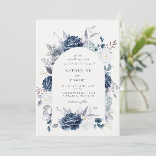 水色エレガントの埃の多い青色結婚フローラ 招待状 (スタンド正面)