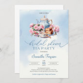 水色エレガントソフトピンクローズ茶パーティー 招待状 (正面/裏面)