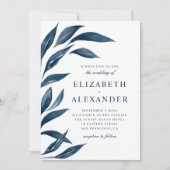 水色エレガントネイビーブルーフローラ離れ結婚ズ 招待状 (正面)