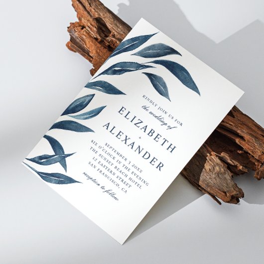 水色エレガントネイビーブルーフローラ離れ結婚ズ 招待状