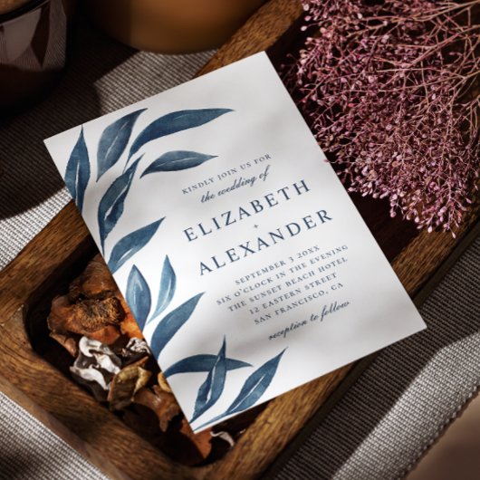 水色エレガントネイビーブルーフローラ離れ結婚ズ 招待状