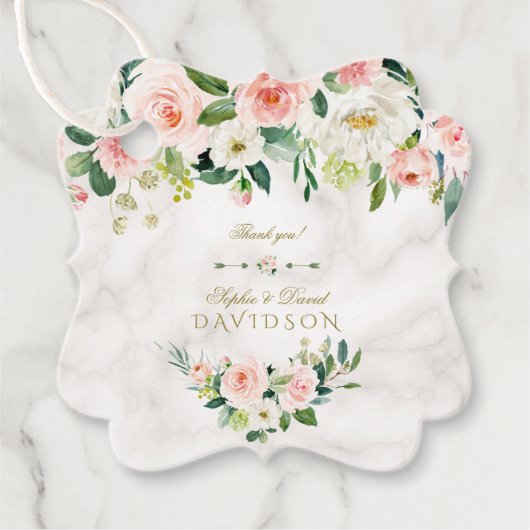 水色エレガントピンクの花大理石結婚の フェイバータグ (正面)
