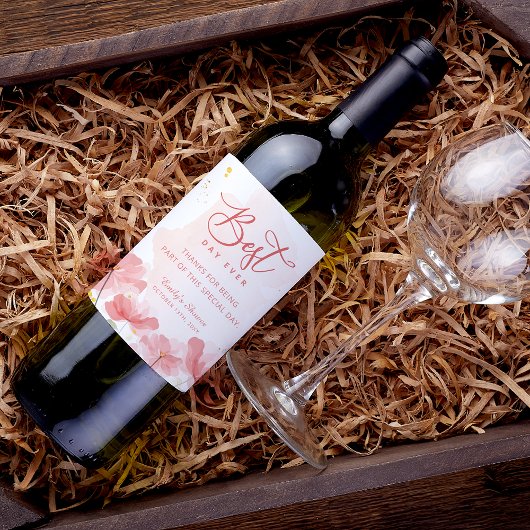 水色エレガントピンクの花 ワインラベル