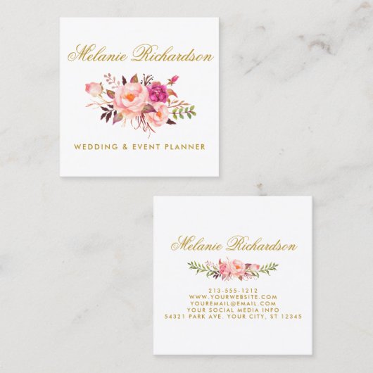 水色エレガントピンクフローラと金ゴールド スクエア名刺 (正面/裏面)