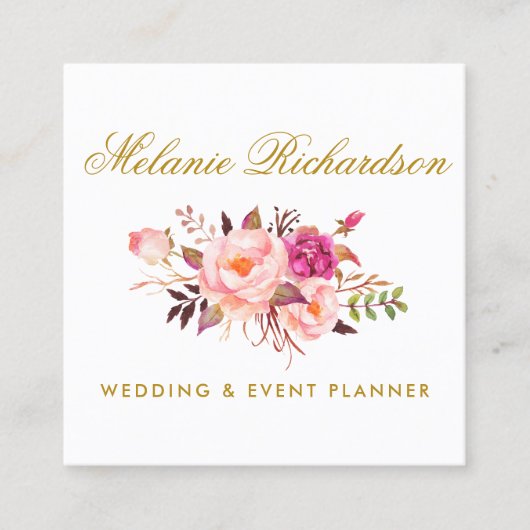 水色エレガントピンクフローラと金ゴールド スクエア名刺 (正面)