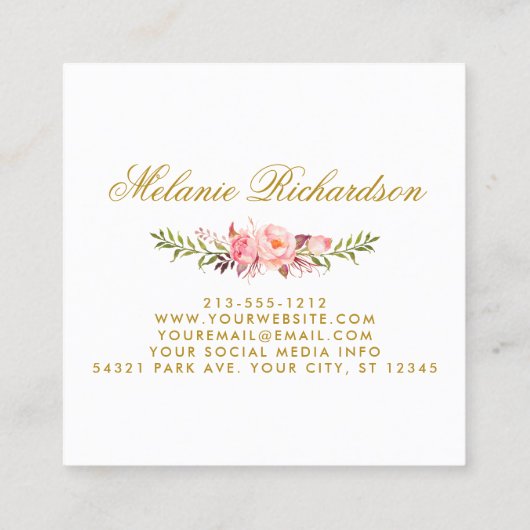 水色エレガントピンクフローラと金ゴールド スクエア名刺 (裏面)