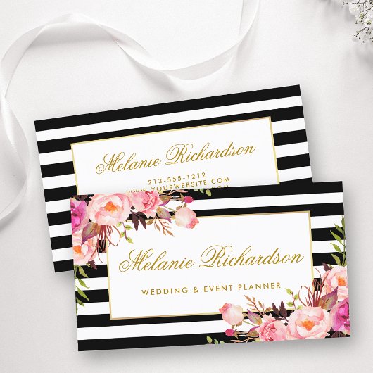 水色エレガントピンクフローラ金ゴールドフレーストライプのム 名刺