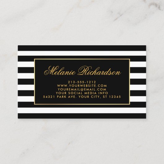 水色エレガントピンクフローラ金ゴールドブラックストライプの 名刺 (裏面)