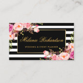 水色エレガントピンクフローラ金ゴールドブラックストライプの 名刺 (正面)