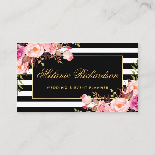 水色エレガントピンクフローラ金ゴールドブラックストライプの 名刺 (正面)
