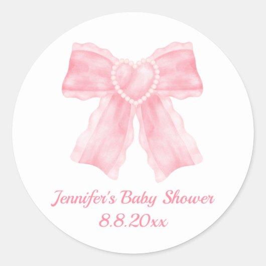 水色エレガントピンク弓女の子の赤ちゃんシャワー可愛い ラウンドシール (正面)