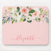 水色エレガントピンク白フローラトレンディースクリプト マウスパッド (正面)