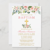 水色エレガントピンク白フローラ金ゴールドバプテスマ 招待状 (正面)