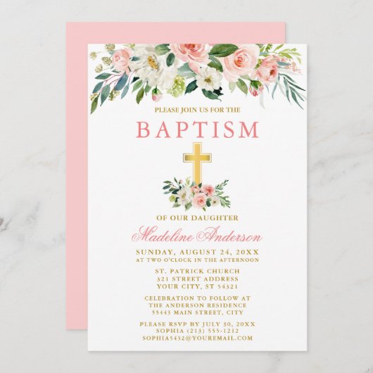 水色エレガントピンク白フローラ金ゴールドバプテスマ 招待状 (正面/裏面)