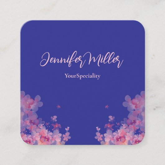水色エレガントフローラパステルネイビーブルー スクエア名刺 (正面)