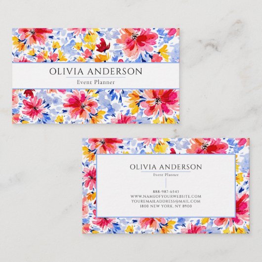 水色エレガントフローラブルーピンクモダンパターン 名刺 (正面/裏面)