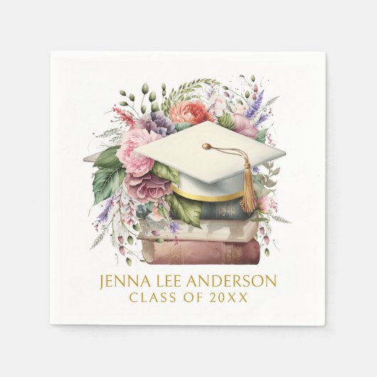 水色エレガントフローラホワイトキャップ卒業 スタンダードカクテルナプキン (正面)