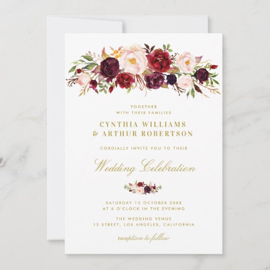 水色エレガントブルゴーニュ赤面結婚フローラ 招待状 (正面)