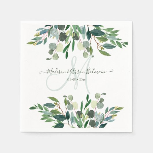 水色エレガントブルーガムユーカリプトゥスモノグラム スタンダードカクテルナプキン (正面)