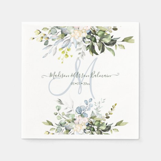 水色エレガントブルーガムユーカリプトゥスモノグラム スタンダードカクテルナプキン (正面)