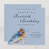 水色エレガントブルーバードサプライズ誕生日 招待状 (正面/裏面)