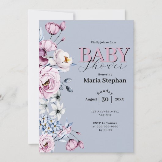 水色エレガントブルーピンクフローラベビーシャワー 招待状 (正面)