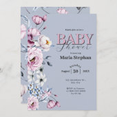 水色エレガントブルーピンクフローラベビーシャワー 招待状 (正面/裏面)