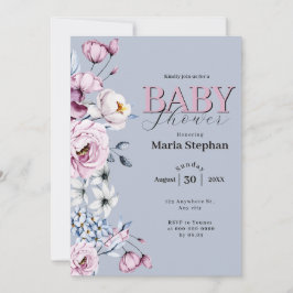 水色エレガントブルーピンクフローラベビーシャワー 招待状