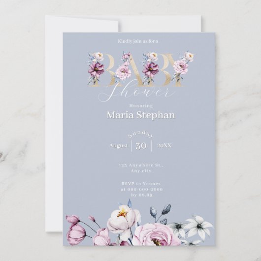 水色エレガントブルーピンクフローラベビーシャワー 招待状 (正面)