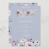 水色エレガントブルーピンクフローラベビーシャワー 招待状 (正面/裏面)