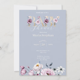 水色エレガントブルーピンクフローラベビーシャワー 招待状