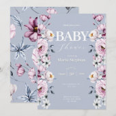 水色エレガントブルーピンクフローラベビーシャワー 招待状 (正面/裏面)