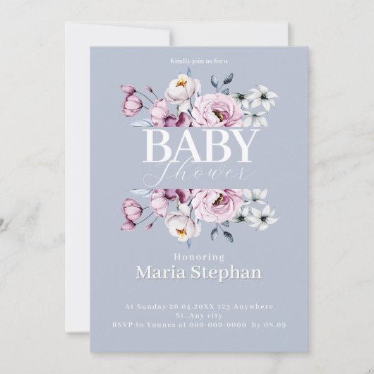 水色エレガントブルーピンクフローラベビーシャワー 招待状 (正面)