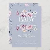 水色エレガントブルーピンクフローラベビーシャワー 招待状 (正面/裏面)