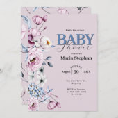 水色エレガントブルーピンクフローラベビーシャワー 招待状 (正面/裏面)