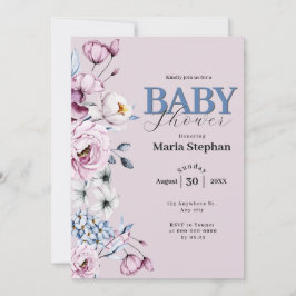 水色エレガントブルーピンクフローラベビーシャワー 招待状