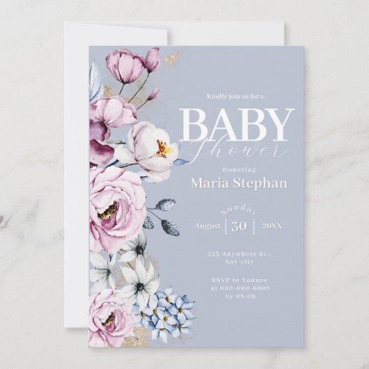 水色エレガントブルーピンクフローラベビーシャワー 招待状 (正面)