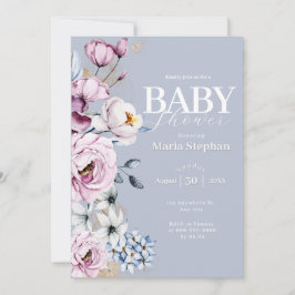 水色エレガントブルーピンクフローラベビーシャワー 招待状