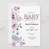 水色エレガントブルーピンクフローラベビーシャワー 招待状 (正面)
