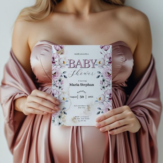 水色エレガントブルーピンクフローラベビーシャワー 招待状
