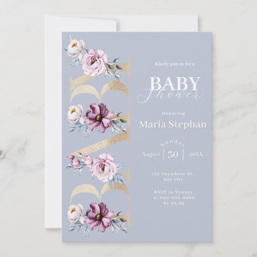 水色エレガントブルーピンクフローラベビーシャワー 招待状 (正面)