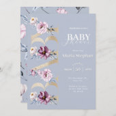 水色エレガントブルーピンクフローラベビーシャワー 招待状 (正面/裏面)