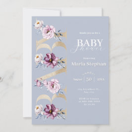 水色エレガントブルーピンクフローラベビーシャワー 招待状