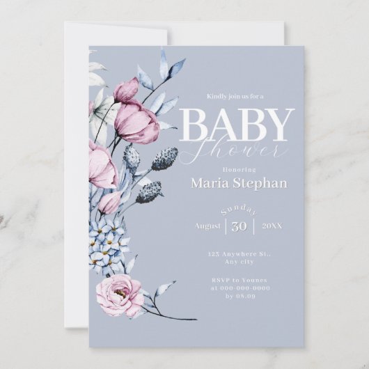 水色エレガントブルーピンクフローラベビーシャワー 招待状 (正面)