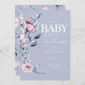 水色エレガントブルーピンクフローラベビーシャワー 招待状 (正面/裏面)