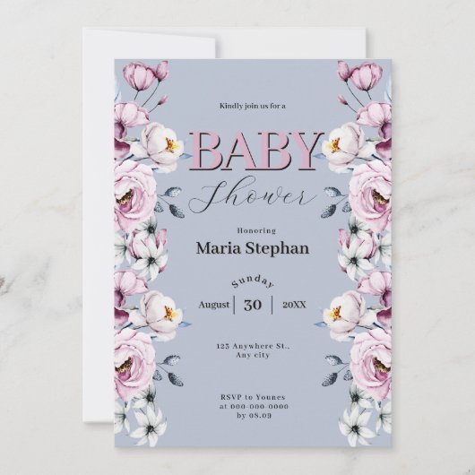 水色エレガントブルーピンクフローラベビーシャワー 招待状 (正面)