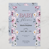 水色エレガントブルーピンクフローラベビーシャワー 招待状 (正面/裏面)