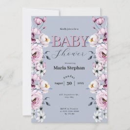 水色エレガントブルーピンクフローラベビーシャワー 招待状