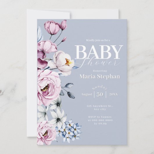 水色エレガントブルーピンクフローラベビーシャワー 招待状 (正面)
