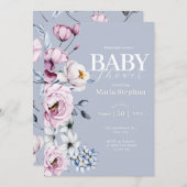 水色エレガントブルーピンクフローラベビーシャワー 招待状 (正面/裏面)